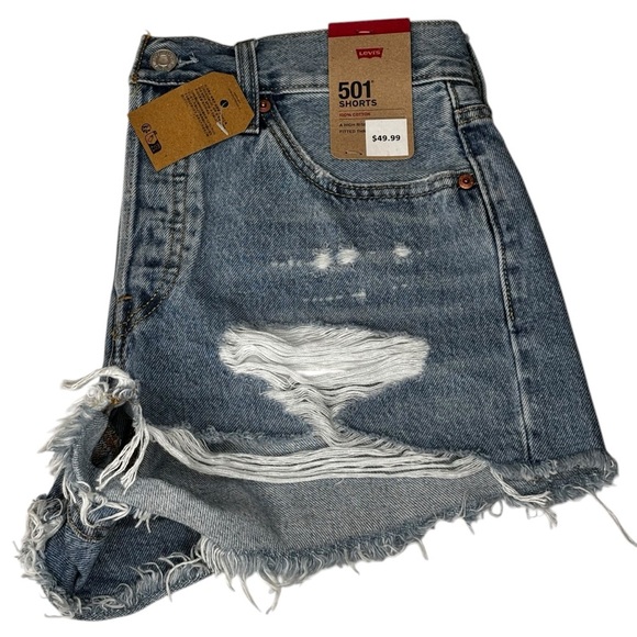 New Women’s Levi’s 501 Blue Denim Cutoff Shorts Distressed Button Fly  Size 28 - Picture 8 of 10